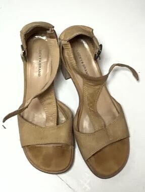 Lucky Brand Womens 8M Tan Leather Ankle Strap Block Heel Sandals Comfort